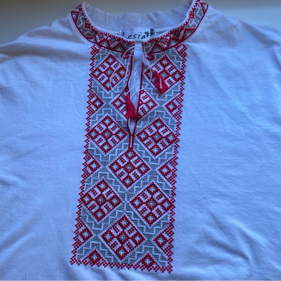 Ukrainian Embroidered Folk Tunic White Red Unisex 100% Cotton Size L - Picture 7 of 11